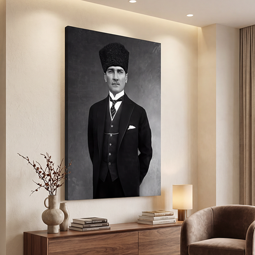 Atatürk Kalpaklı Siyah Beyaz Portre Kanvas Tablo