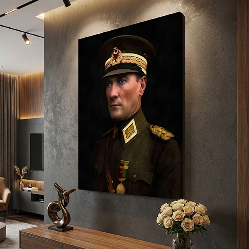 Atatürk Üniformalı Renkli Portre Kanvas Tablo