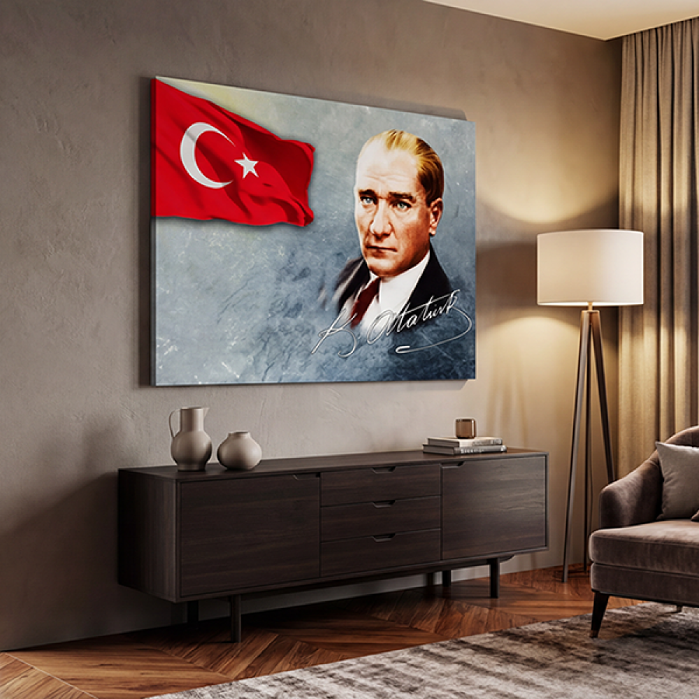 Atatürk Portresi Türk Bayrağı ve İmzalı Kanvas Tablo