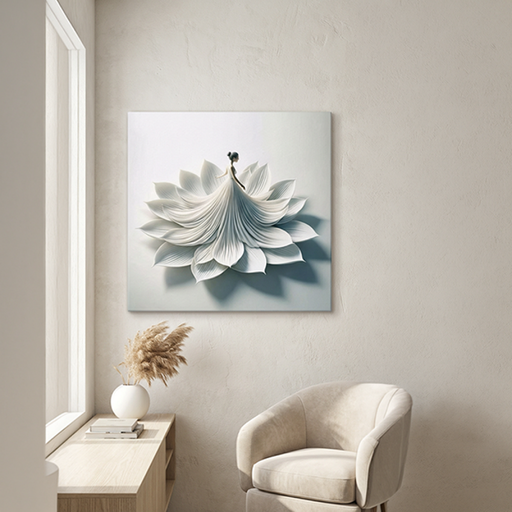 Beyaz Kabartma Çiçek Minimal Kanvas Tablo