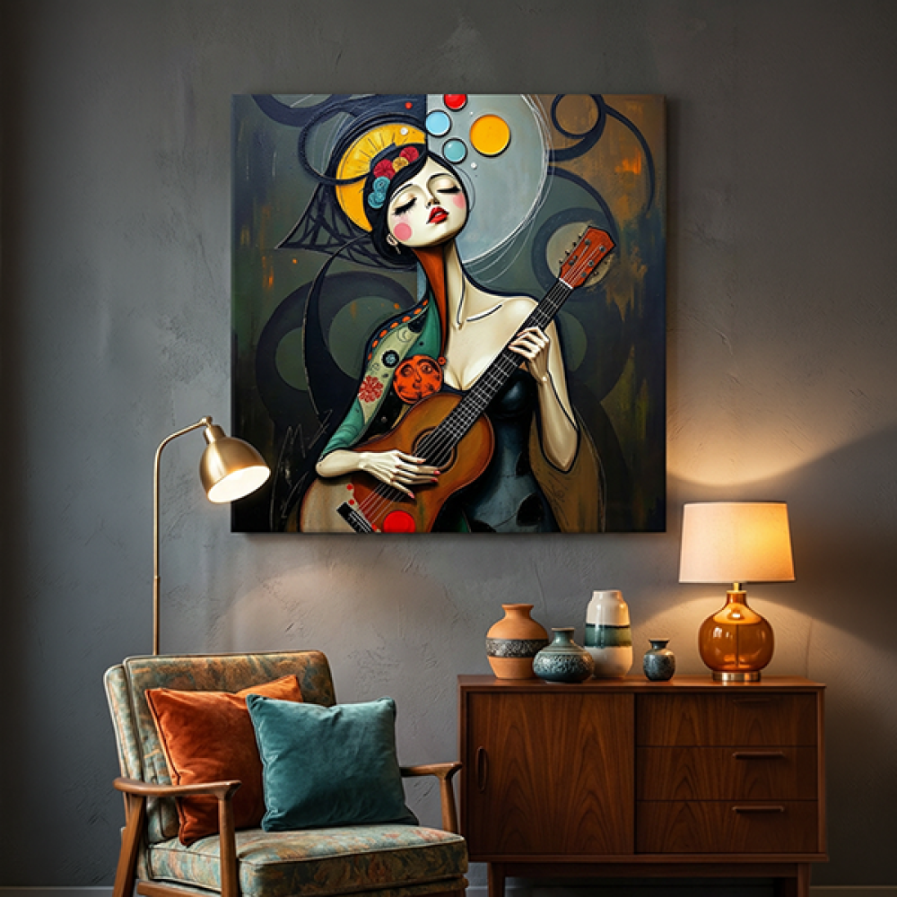 Gitar Çalan Kadın Renkli Modern Kanvas Tablo