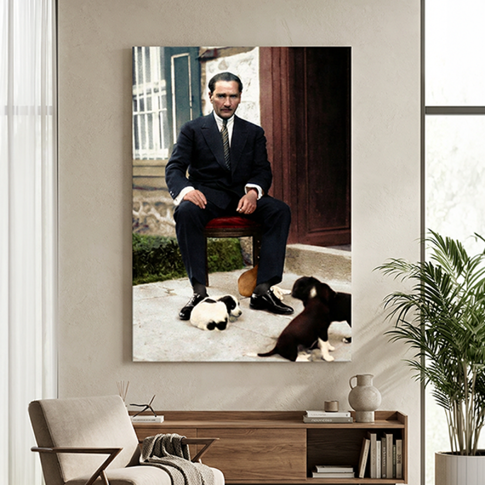 Atatürk Köpekleriyle Bahçede Renkli Kanvas Tablo