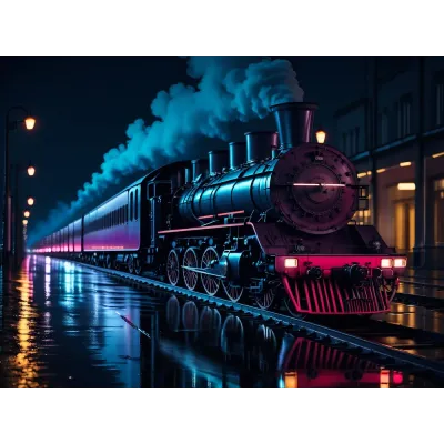 Canlı Renkli Yağmurlu Şehirde Buharlı Tren Kanvas Tablo