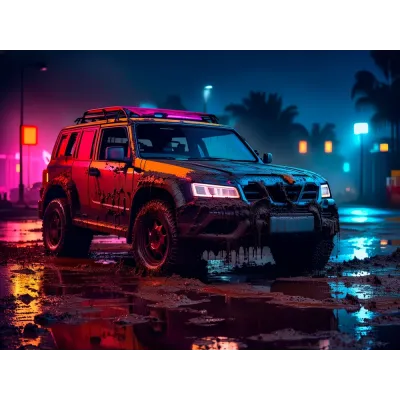 Canlı Renkli Yağmurlu Şehirde Off Road Cip Kanvas Tablo