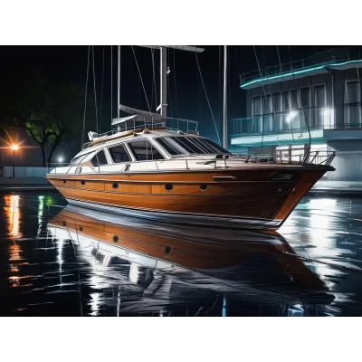 Gece Limanında Klasik Yat Kanvas Tablo