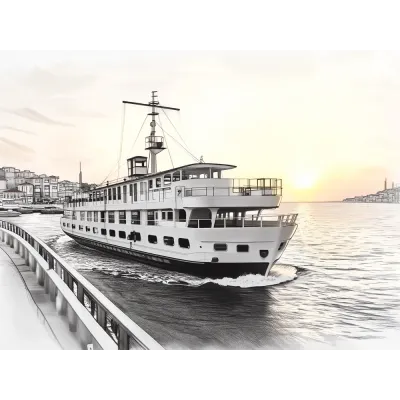 Karakalem Sahil Yolunda Vapur Kanvas Tablo