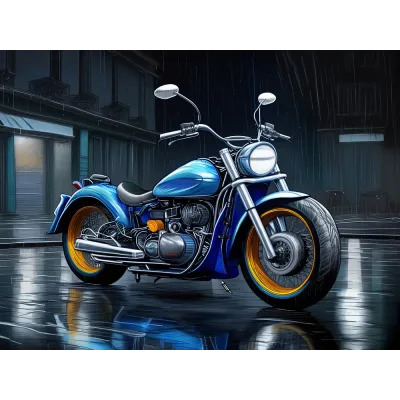 Karakalem Yağmurlu Şehirde Chopper Motosiklet Kanvas Tablo