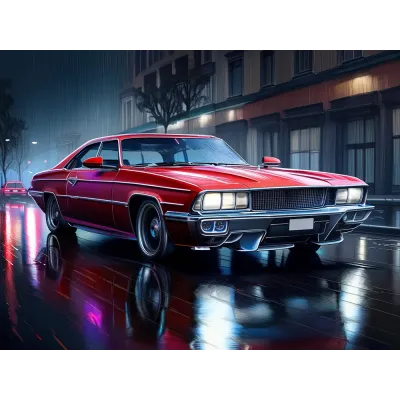 Karakalem Yağmurlu Şehirde Muscle Car Kanvas Tablo