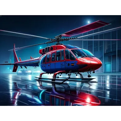 Neon Işıklı Gecede Helikopter Kanvas Tablo