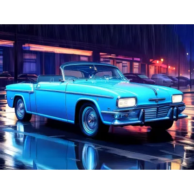 Neon Işıklı Gecede Mavi Klasik Cabrio Kanvas Tablo