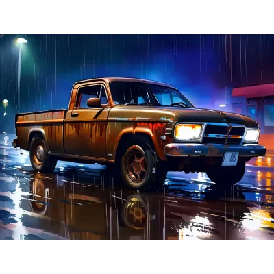 Neon Işıklı Yağmurlu Şehirde Klasik Kamyonet Kanvas Tablo