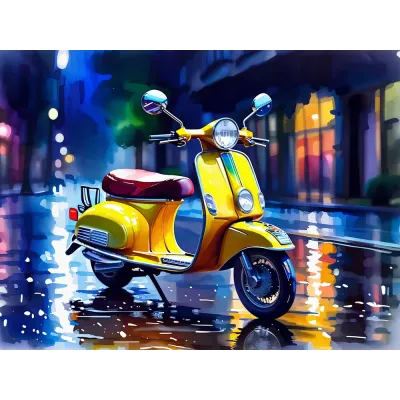 Neon Işıklı Yağmurlu Şehirde Scooter Kanvas Tablo