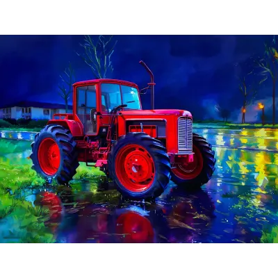 Neon Işıklı Yağmurlu Şehirde Traktör Kanvas Tablo