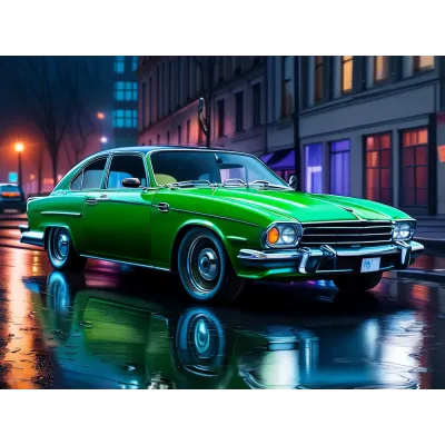 Neon Yağmurlu Şehirde Yeşil Klasik Coupe Kanvas Tablo
