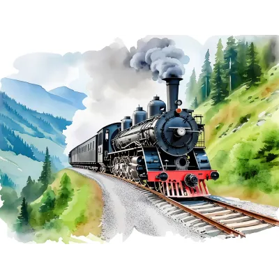 Suluboya Dağ Yolunda Buharlı Tren Kanvas Tablo