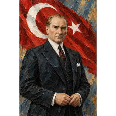 Atatürk Al Bayrak Önünde Elleri Kavuşmuş Kanvas Tablo