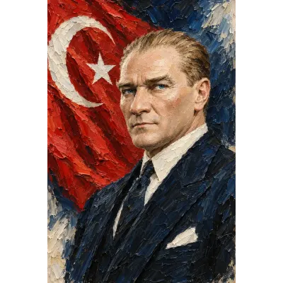 Atatürk Al Bayrak Önünde Kalın Fırça Portre Kanvas Tablo