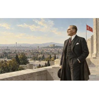 Atatürk Ankara Manzaralı Terasta Bayraklı Kanvas Tablo