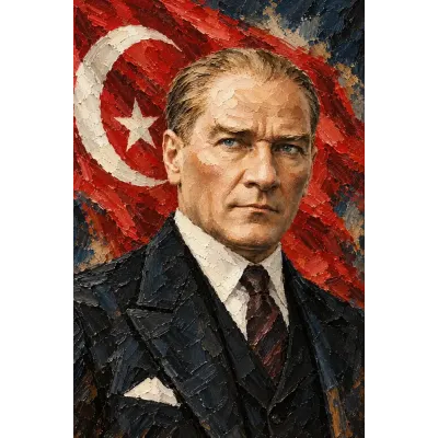 Atatürk Ay Yıldızlı Bayrak Önünde Kalın Fırça Portre Kanvas Tablo