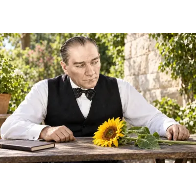 Atatürk Ayçiçekli Bahçe Masasında Kanvas Tablo