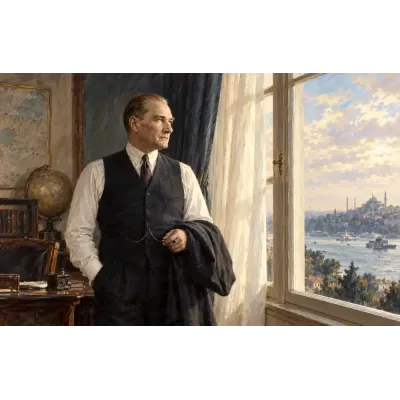 Atatürk Aydınlık Pencere Önünde İstanbul Manzarası Kanvas Tablo