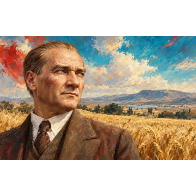 Atatürk Başak Tarlası Önünde Yakın Portre Kanvas Tablo