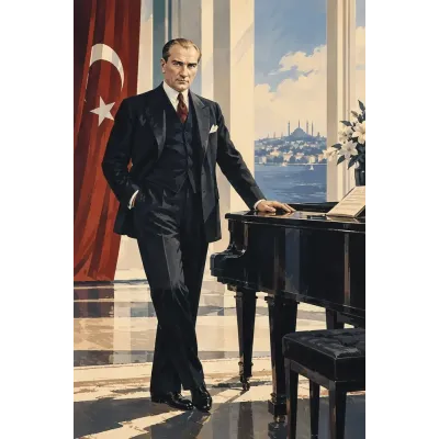 Atatürk Bayraklı Piyano Salonunda Kanvas Tablo