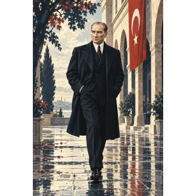 Atatürk Bayraklı Revakta Yürürken Kanvas Tablo