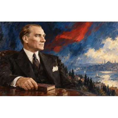 Atatürk Boğaz Manzaralı Yağlı Boya Portre Kanvas Tablo