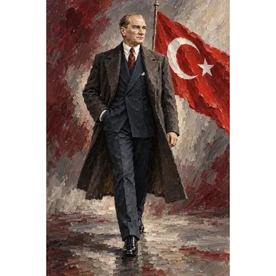 Atatürk Bordo Zeminde Bayrakla Yürürken Kanvas Tablo