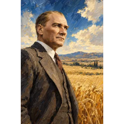 Atatürk Buğday Tarlasında Dikey Portre Kanvas Tablo