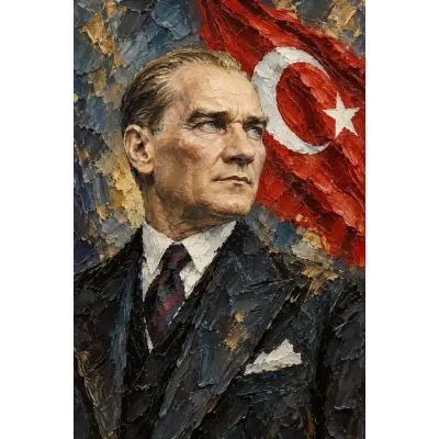 Atatürk Dalgalanan Bayrak Önünde Yukarı Bakarken Kanvas Tablo