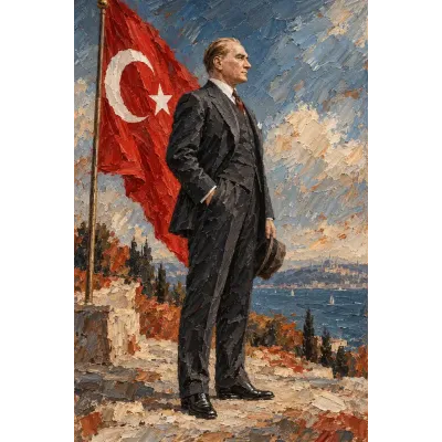 Atatürk Deniz Kıyısında Türk Bayrağıyla Kanvas Tablo