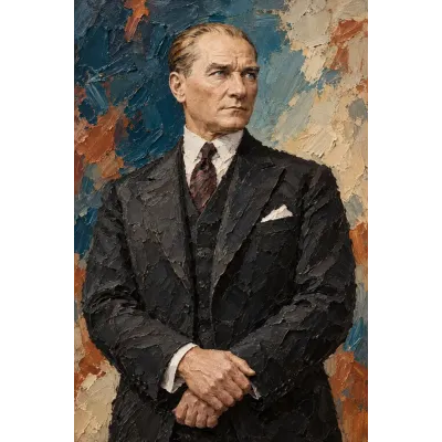Atatürk Elleri Kavuşmuş Kalın Fırça Portre Kanvas Tablo