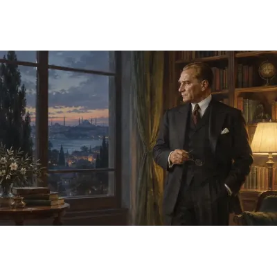 Atatürk Gece İstanbul Manzaralı Pencere Önünde Kanvas Tablo