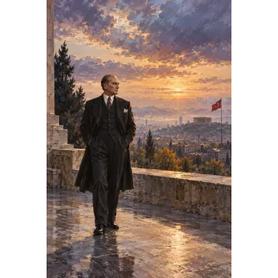 Atatürk Gün Batımında Bayraklı Terasta Kanvas Tablo