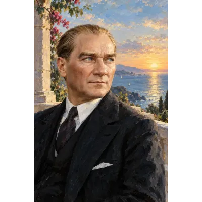 Atatürk Gün Batımında Deniz Manzaralı Portre Kanvas Tablo