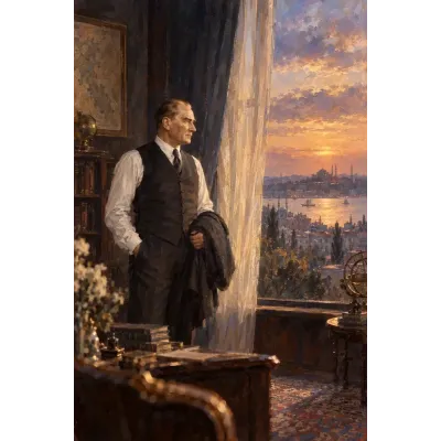 Atatürk Gün Batımında Pencere Önünde Kanvas Tablo