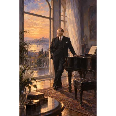 Atatürk Gün Batımında Piyano Odasında Kanvas Tablo