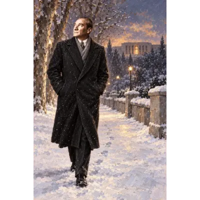 Atatürk Karlı Yolda Paltolu Kanvas Tablo