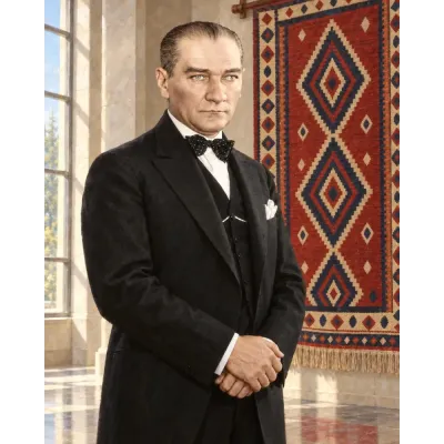 Atatürk Kilim Önünde Smokinli Portre Kanvas Tablo