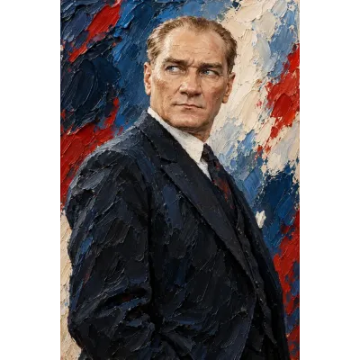 Atatürk Kırmızı Beyaz Lacivert Kalın Fırça Portre Kanvas Tablo