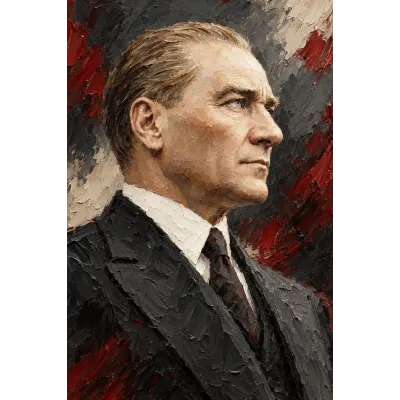 Atatürk Kırmızı Gri Kalın Fırça Portre Kanvas Tablo
