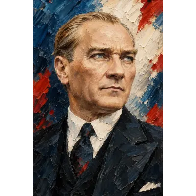 Atatürk Kırmızı Lacivert Kalın Fırça Yakın Portre Kanvas Tablo
