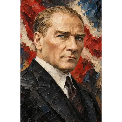 Atatürk Kırmızı Zeminde Kalın Boya Yakın Portre Kanvas Tablo