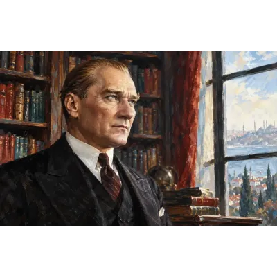 Atatürk Kitaplıkta İstanbul Manzaralı Portre Kanvas Tablo