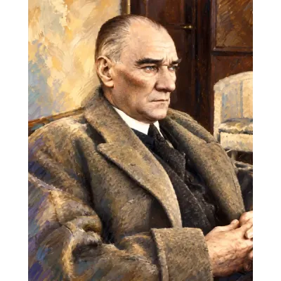 Atatürk Koltukta Düşünceli Yağlı Boya Portre Kanvas Tablo