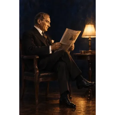 Atatürk Lamba Işığında Gazete Okurken Kanvas Tablo