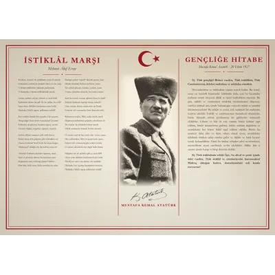 Krem Keten Zeminli Kalpaklı Atatürk İstiklâl Marşı ve Gençliğe Hitabe Makam Panosu