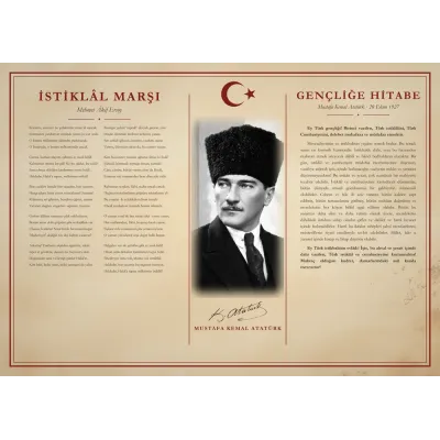 Parşömen Zeminli Yağlı Boya Kalpaklı Atatürk İstiklâl Marşı ve Gençliğe Hitabe Makam Panosu